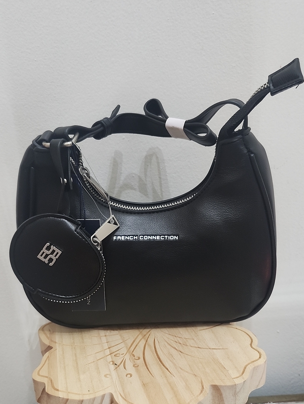 French Connection Black Leather Shoulder Bag with Coin Pouch Accent